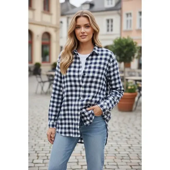 Jasmine & Ginger Navy Gingham Button Front Blouse Size L - Picture 1 of 5